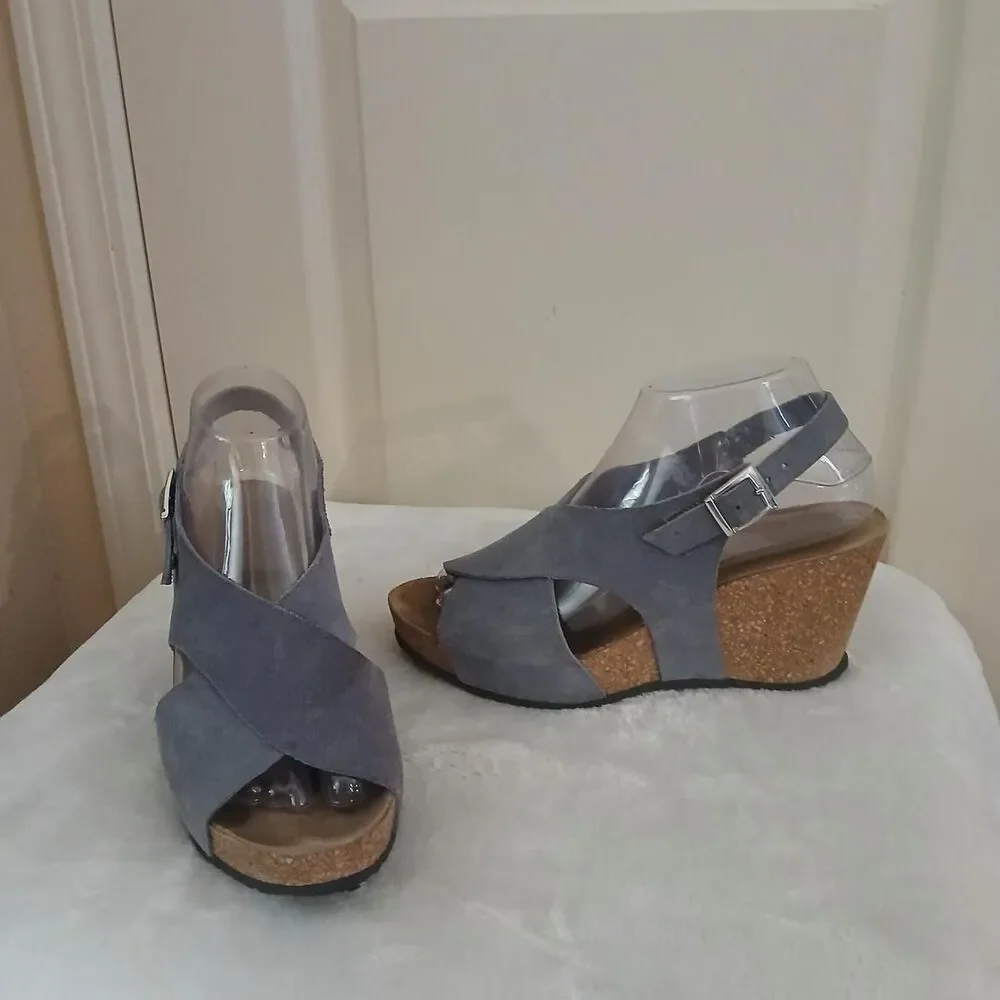 Y2K Vintage A. Giannetti Blue Suede Platform Cork Wedge Sandals Boho EuroSummer